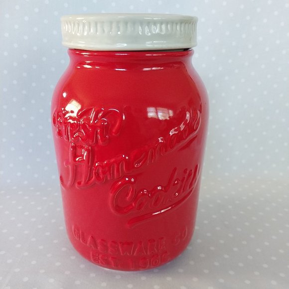 World Market Red Ceramic Mason Jar Inspired "Fresh Homemade Cookies" Jar w/Lid - Picture 1 of 7